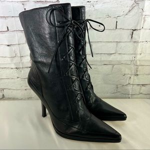 NEW Nine West Deshanar Black Leather Lace Up Heels Stiletto Boots Booties SZ 9.5